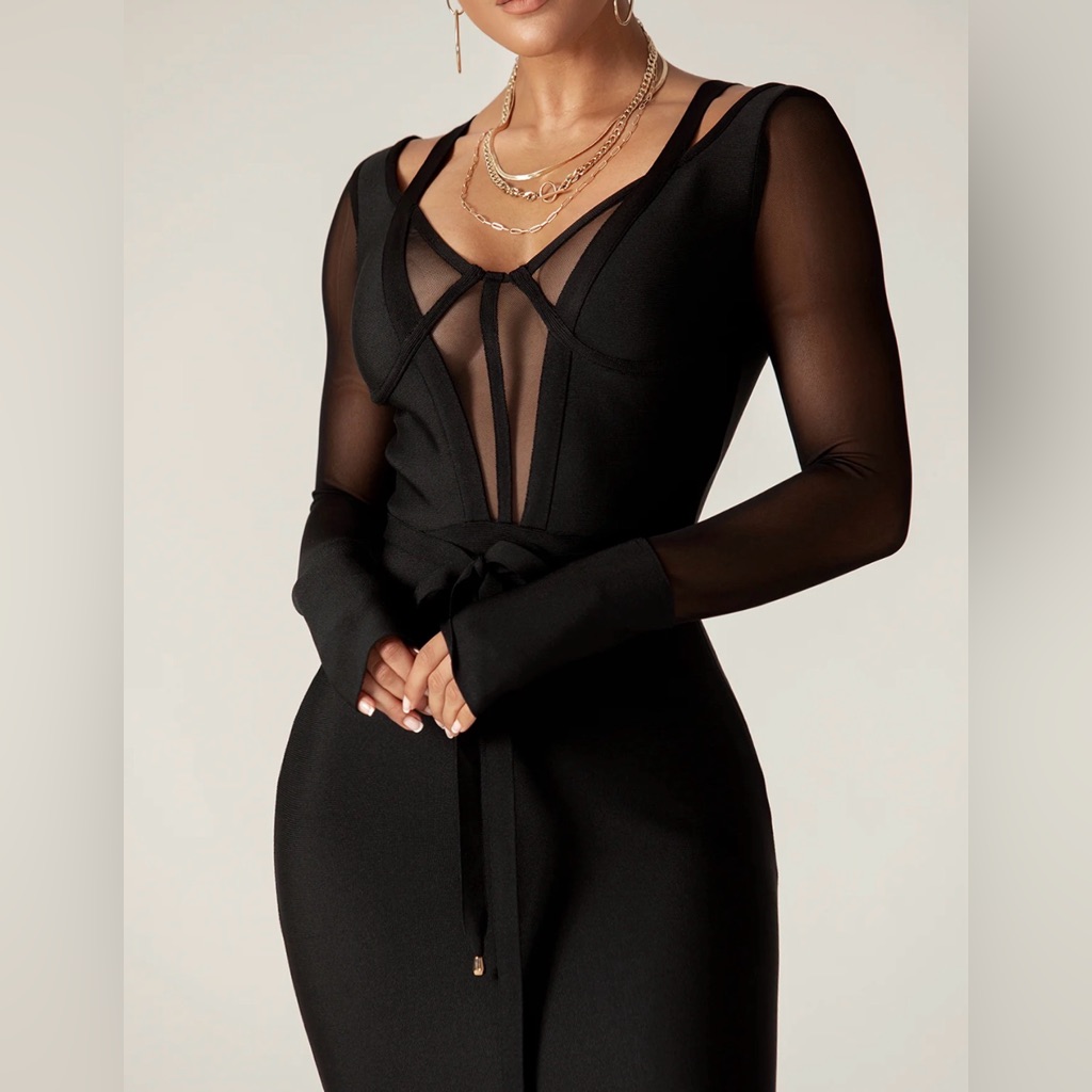 Nwt Sheer-Detail Long Sleeve Black Dress